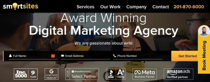 SmartSites advertises itself as an Award-Winning Digital Marketing Agency and showcases its premier partnerships with Google, Microsoft, Meta, and Amazon. The page also displays SmartSites’ 9-year run in the Inc. 5000 and A+ rating with the Better Business Bureau (BBB). 