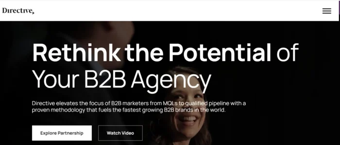 Directive Consulting’s homepage invites prospective clients to “Rethink the Potential of Your B2B Agency.” 