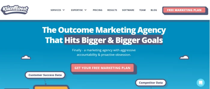KlientBoost’s homepage bills the company as The Outcome Marketing Agency That Hits Bigger & Bigger Goals. 
