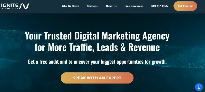 Ignite Visibility’s homepage says they’re the Trusted Digital Marketing Agency for More Traffic, Leads, & Revenue. They also offer a free audit to potential clients. 