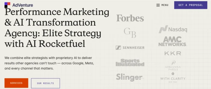 AdVenture Media’s homepage positions it as a digital marketing strategist for service-based businesses.  