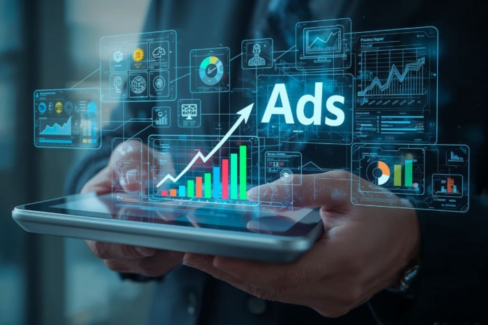 Pessoa segurando um tablet digital exibindo gráficos de crescimento de campanhas de anúncios pagos com a palavra Ads em destaque.