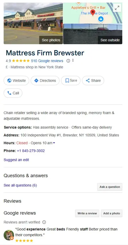 Google Business Profile for Mattress Firm in Brewster, NY.