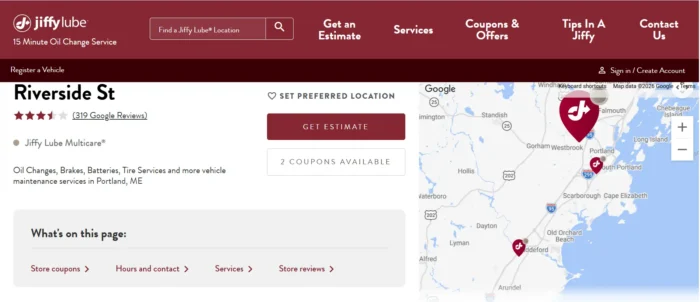  Jiffy Lube’s business listing for a franchise location on Riverside St. in Portland, Maine.