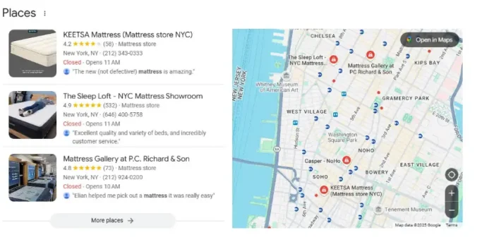 Google Places results for mattress stores in New York City.