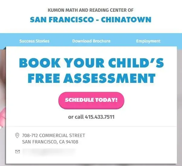 Kumon Math and Reading Center’s San Francisco page displaying a “Schedule Today” CTA for a child’s free assessment.