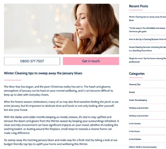 Screenshot of a blog article covering winter cleaning tip content showcasing how content should provide value first and convert customers second. 