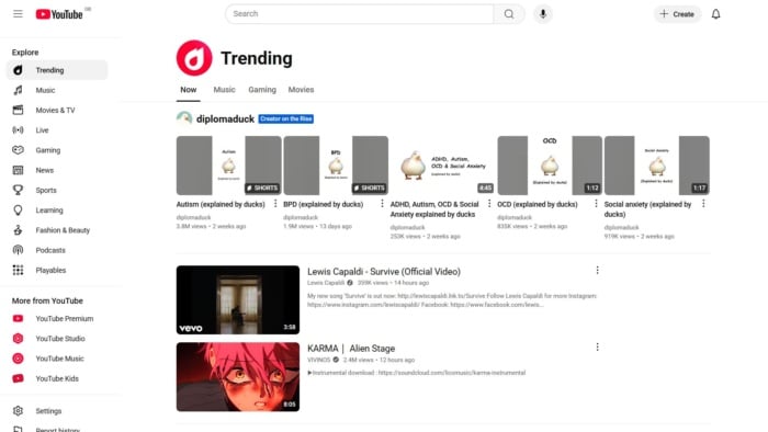 The Trending YouTube tab.