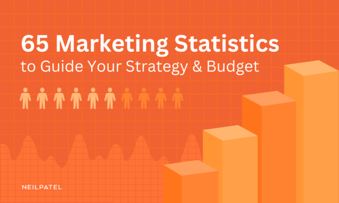 Orange illustration with text that reads "65 Marketing Statistics to Guide Your Strategy & Budget."