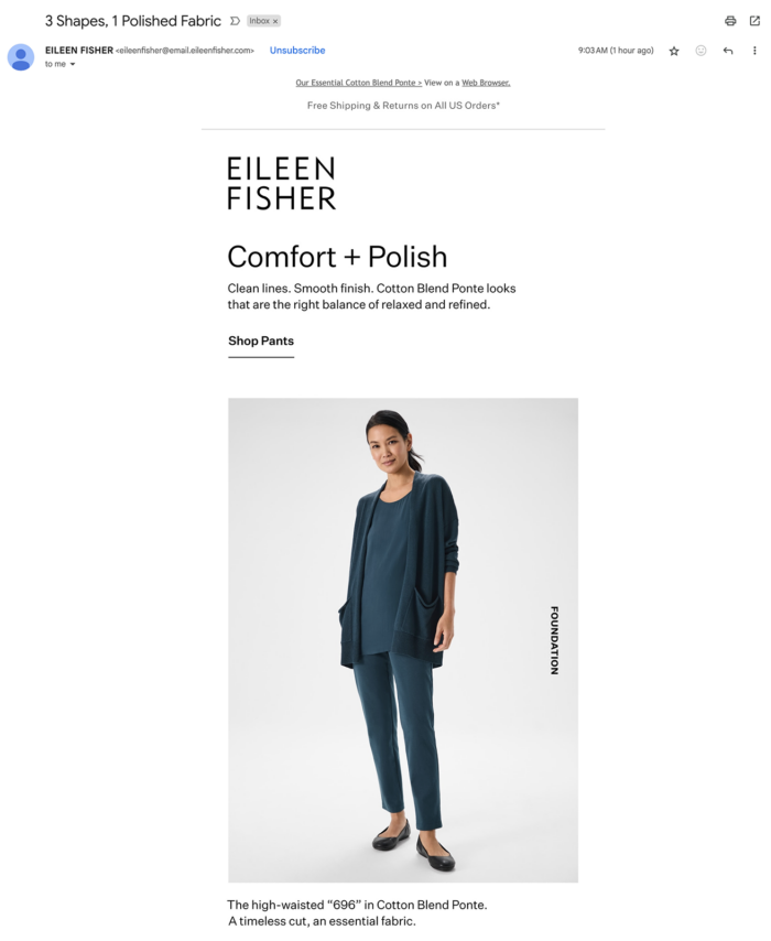 Eileen Fisher email newsletter with a button to click to shop pants.