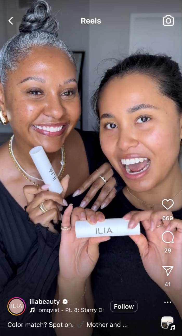 Screenshot from Ilia Beauty Instagram reel featuring a mother-daughter duo walking viewers through their makeup routine.