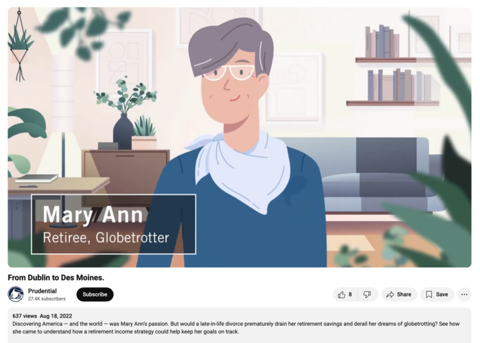 Screenshot from a Prudential YouTube video showing an illustration of a person named Mary Ann that is a retiree and globetrotter.
