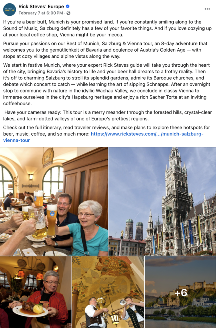 Facebook post by Rick Steves' Europe detailing the travel company's Munich itinerary.
