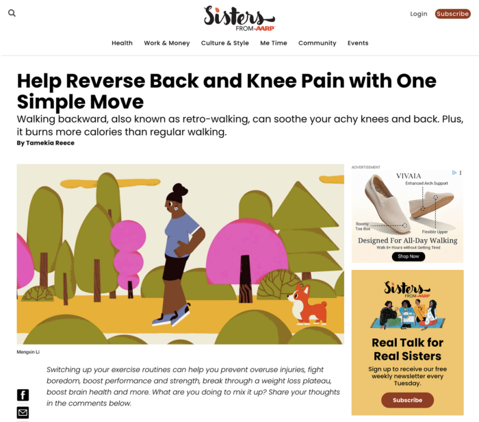 Sisters from AARP article sharing benefits of walking backward.