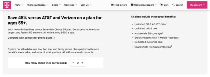 T-Mobile phone plans page with offers tailored to customers ages 55+.