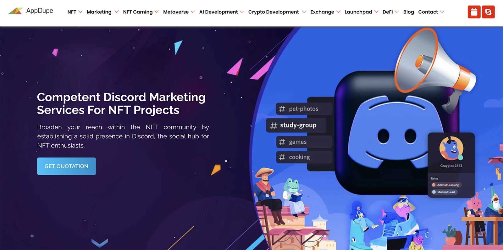 AppDupe Discord Marketing Services landing page with blue button to get quotation.