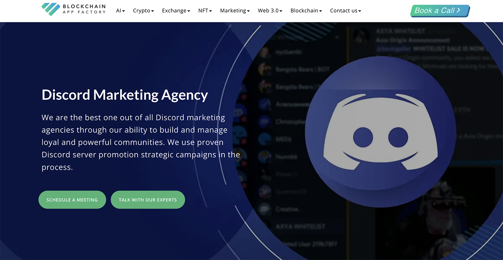 Blockchain App Factory Discord Marketing Agency landing page with buttons to schedule a meeting or talk with their experts.