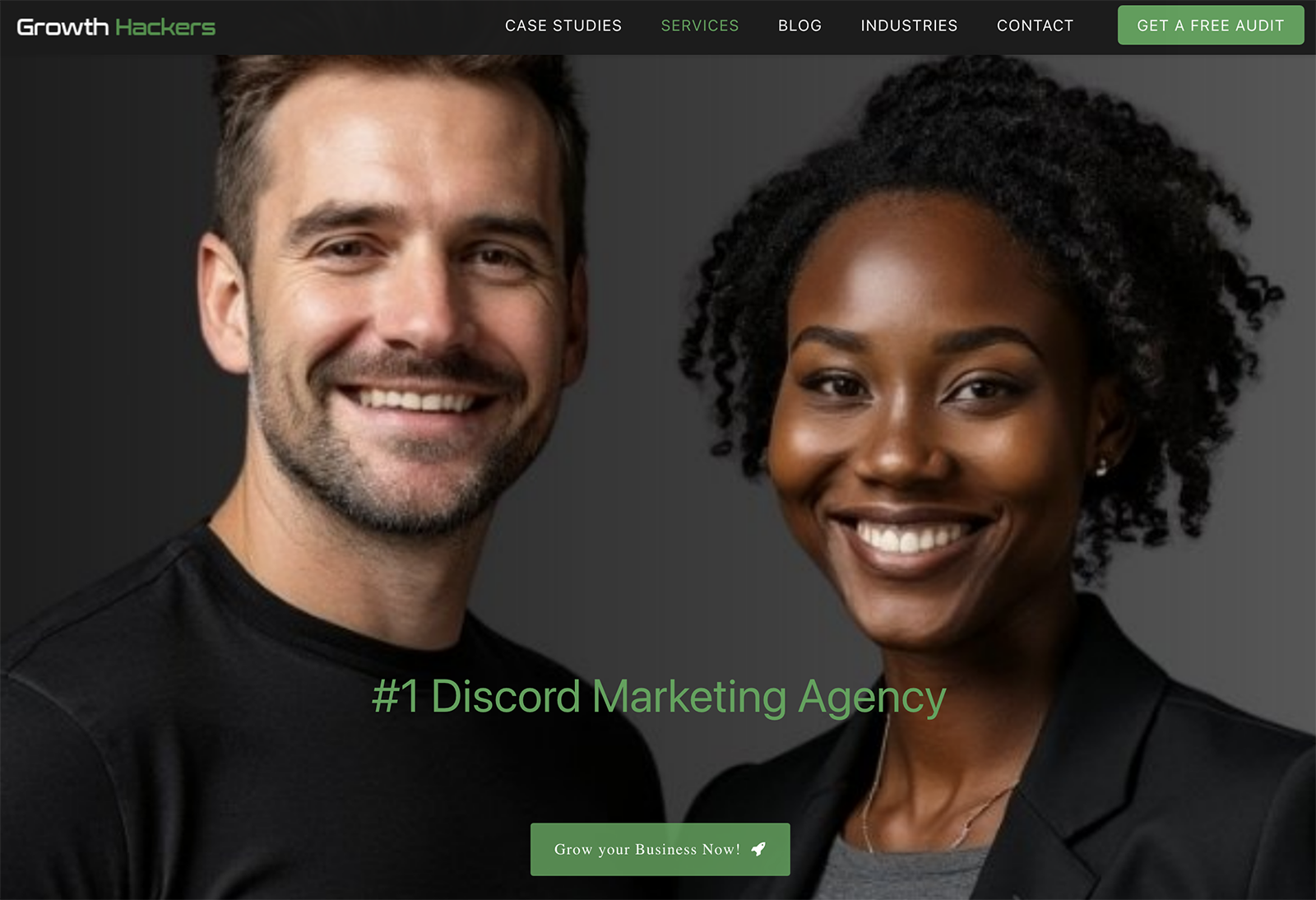 Growth Hackers Discord Marketing Agency landing page with green button to "grow your business now."