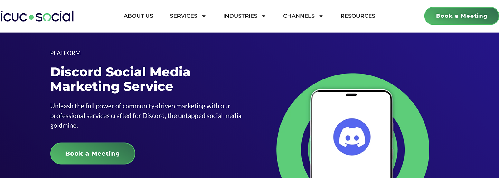 ICUC Social book a meeting landing page for their discord marketing agency services.