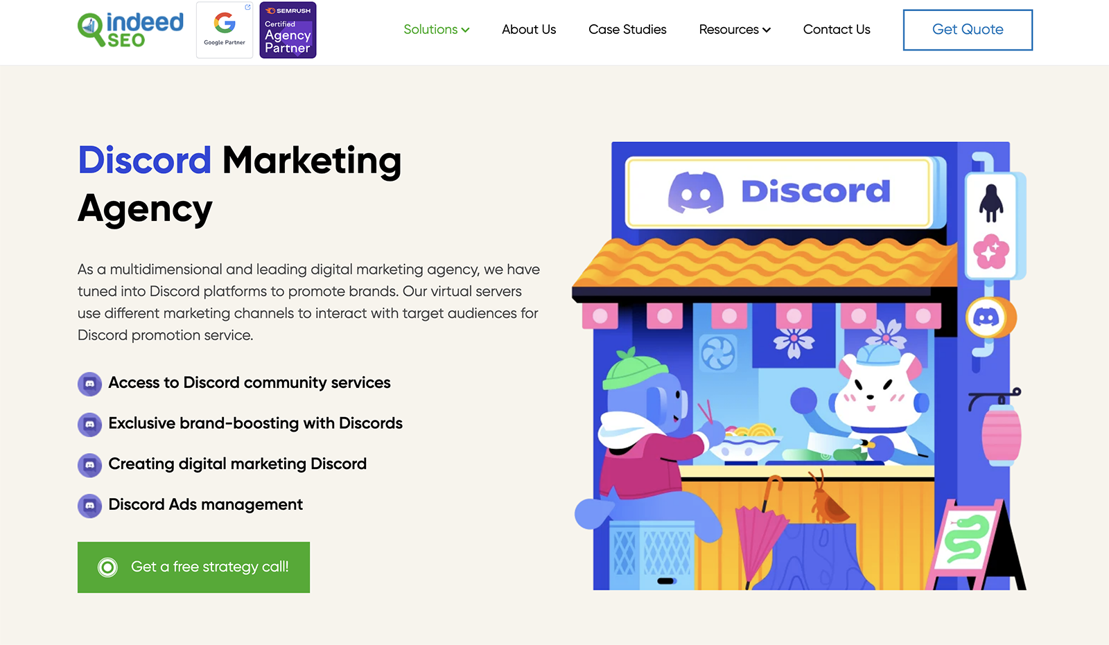 Indeed SEO Discord Marketing Agency landing page with a green button to get a free strategy call.