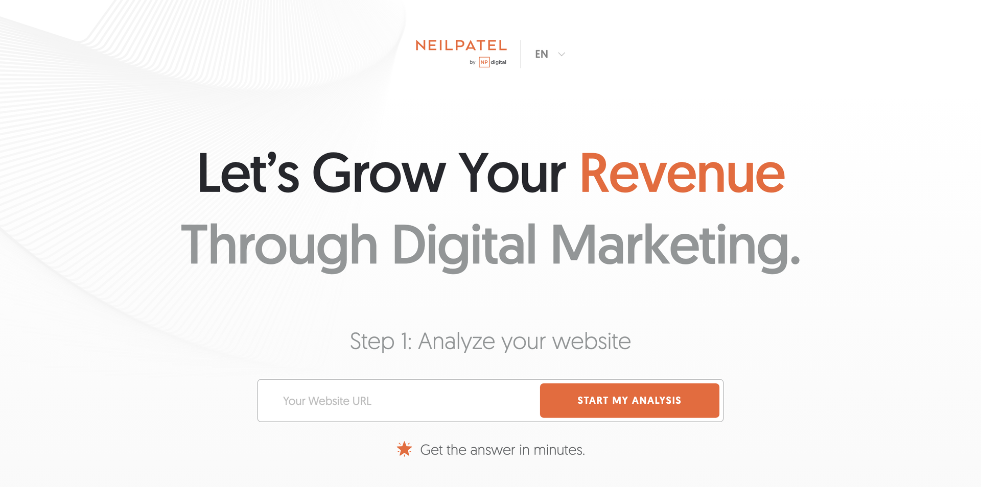 NP Digital digital marketing landing page with text that reads "Let's Grow Your Revenue Through Digital Marketing" and a box to enter website URL to get started with Step 1.