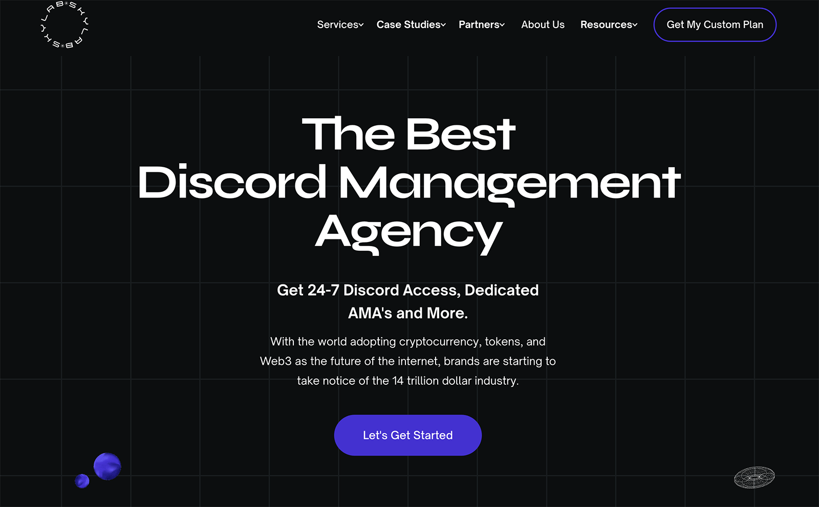 Skylab Discord Marketing Agency landing page with button to get started.