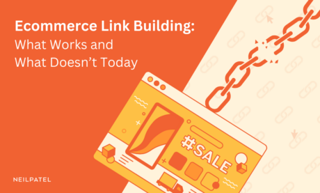 Illustration showing a website linked to a chain with text that reads "Ecommerce Link Building: What Works and What Doesn’t Today."