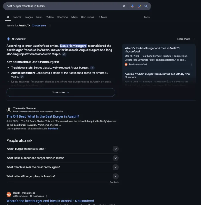 An AI overview for best burger franchise in Austin.