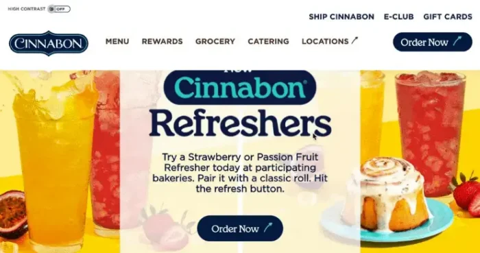 An ad from Cinnabon marketing their Refresher beverages.