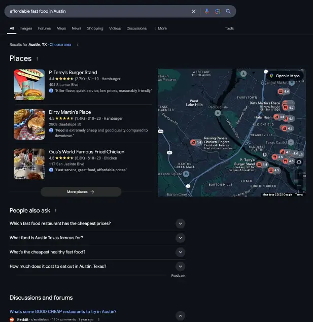 A Google search for “affordable fast food in Austin”