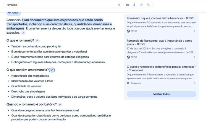 pesquisa pela kw romaneio: exemplo da TOTVS