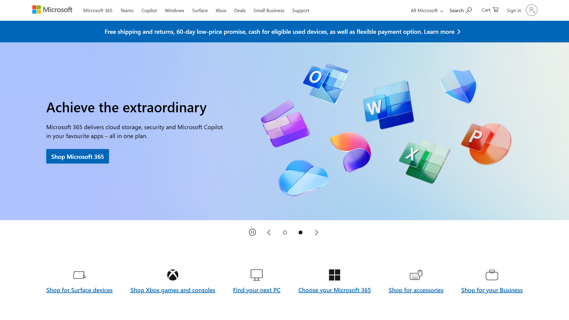 Microsoft homepage with a prominent button to "Shop Microsoft 365."