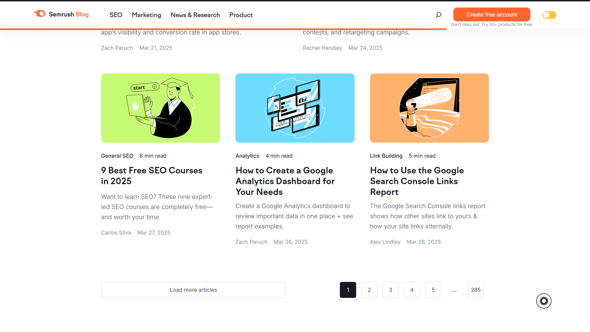 Semrush blog with three blog posts displayed.