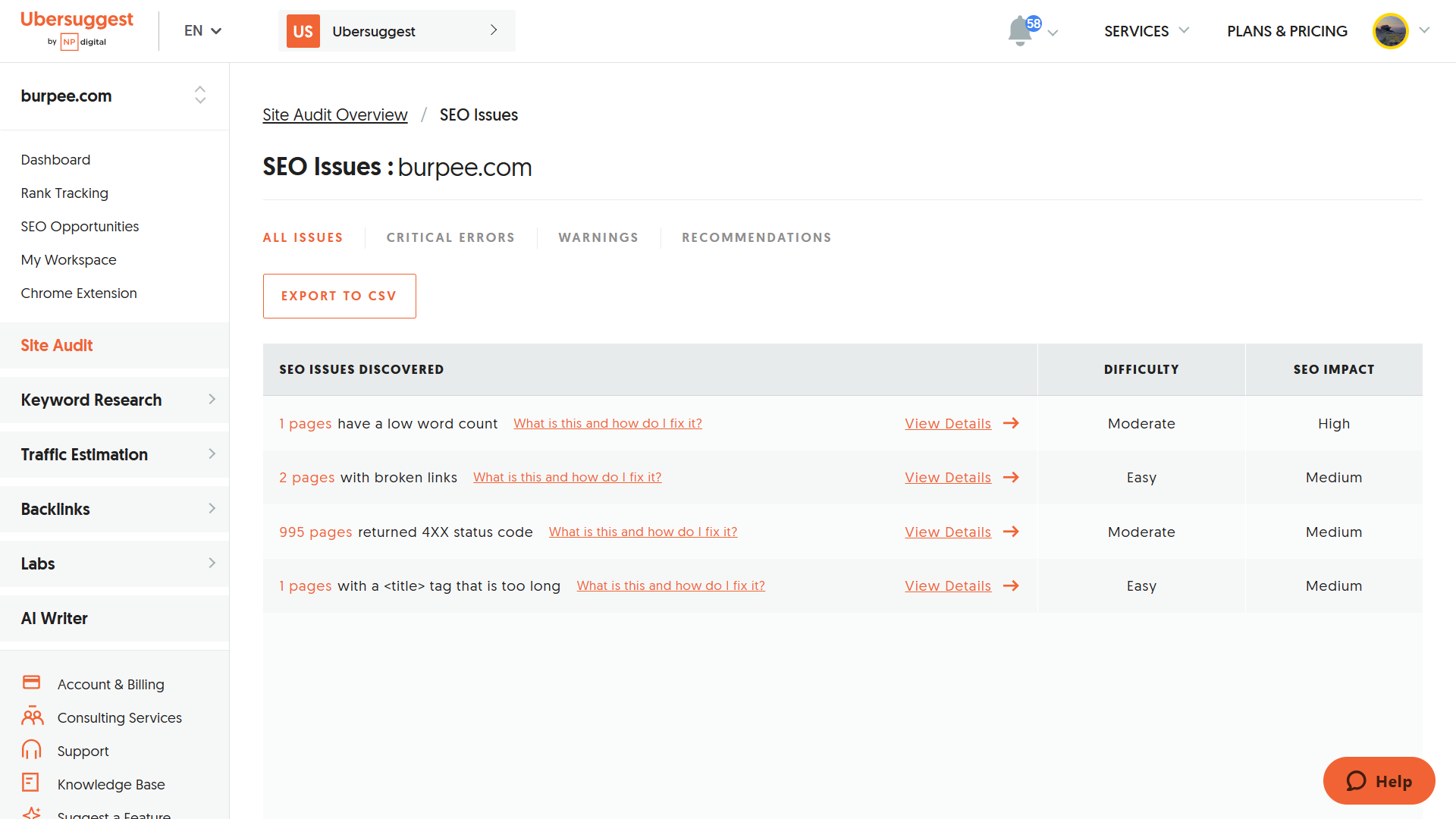 Ubersuggest tool showing SEO issues for burpee.com.
