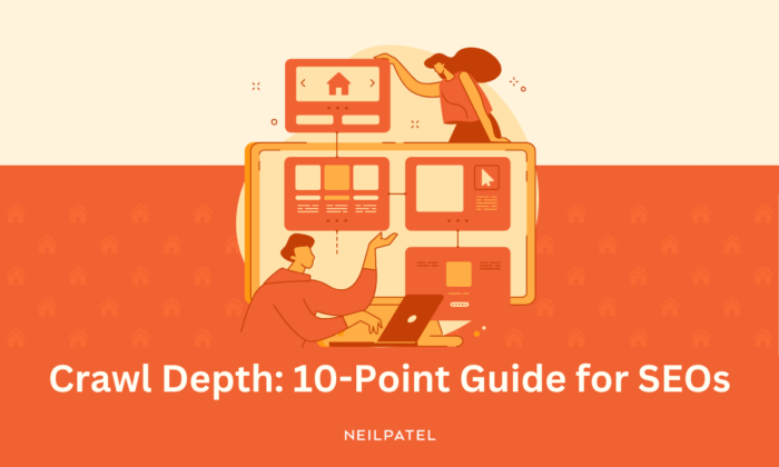 Illustration of two individuals working on website with a title that reads" Crawl Depth: 10-Point Guide for SEOs."