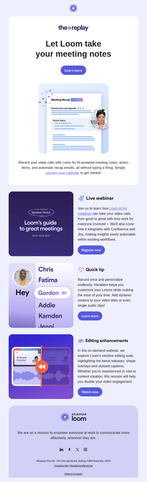 Lead nurturing email example from video software Loom.