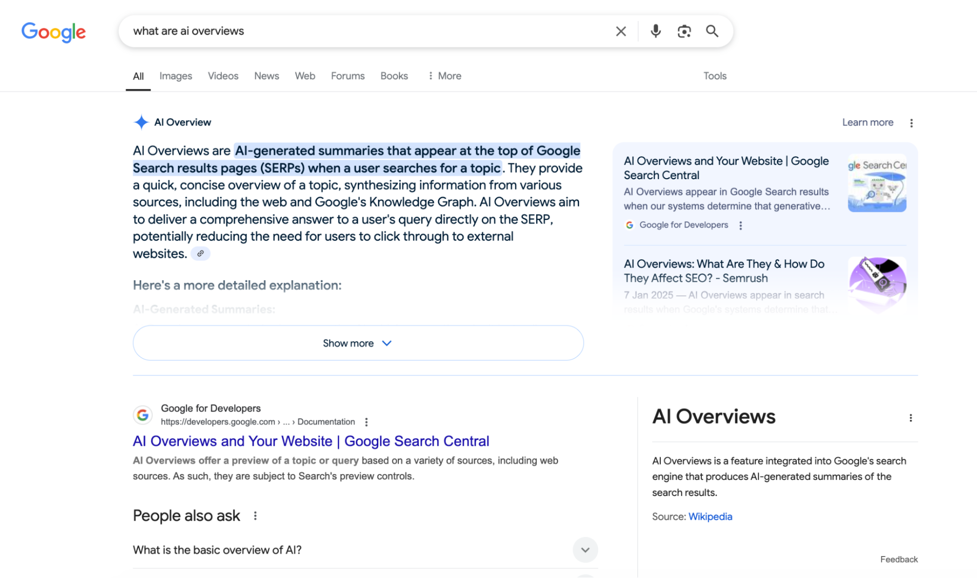 Google search results for "what are ai overviews."
