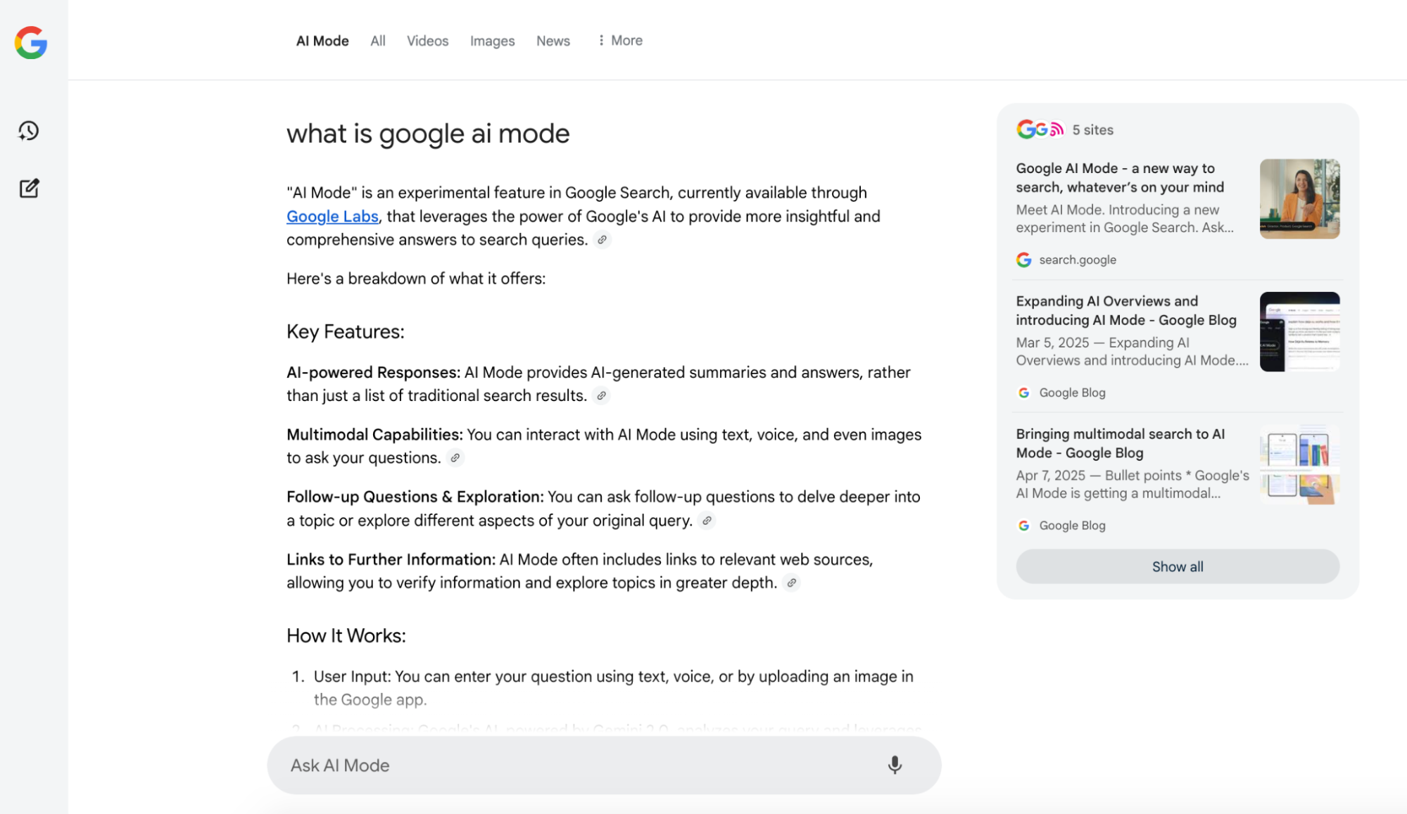 Google AI Mode example with the definition of what Google AI Mode is.