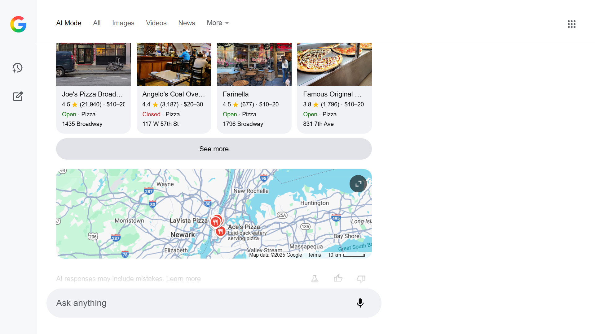 Google AI Mode with a map of New York pizza places.