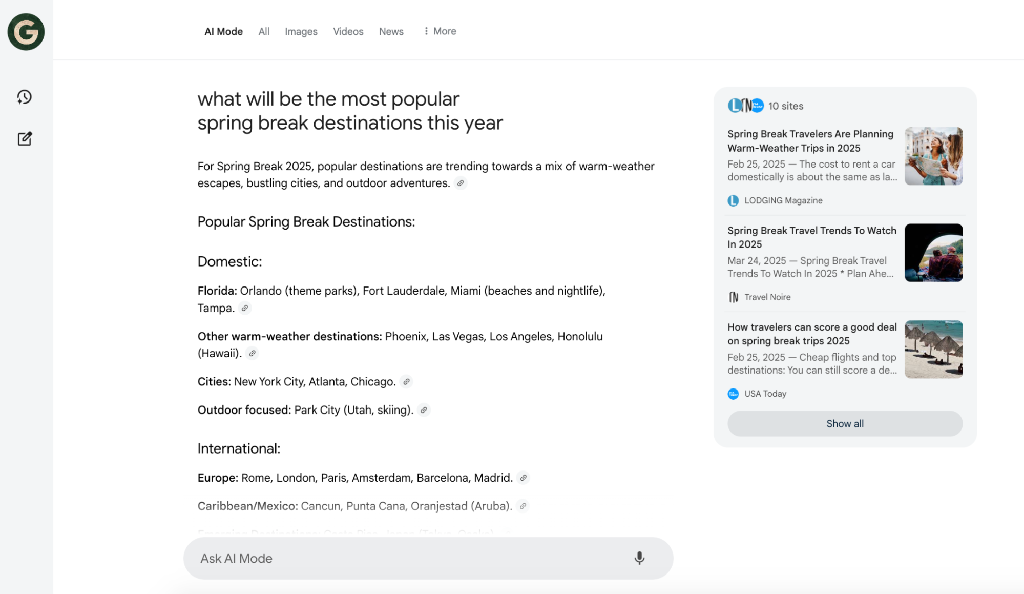 Google AI Mode results for "What will be the most popular spring break destinations this year."