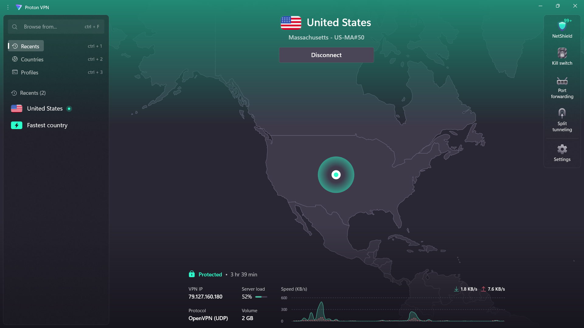 Proton VPN working from a location in the United States.