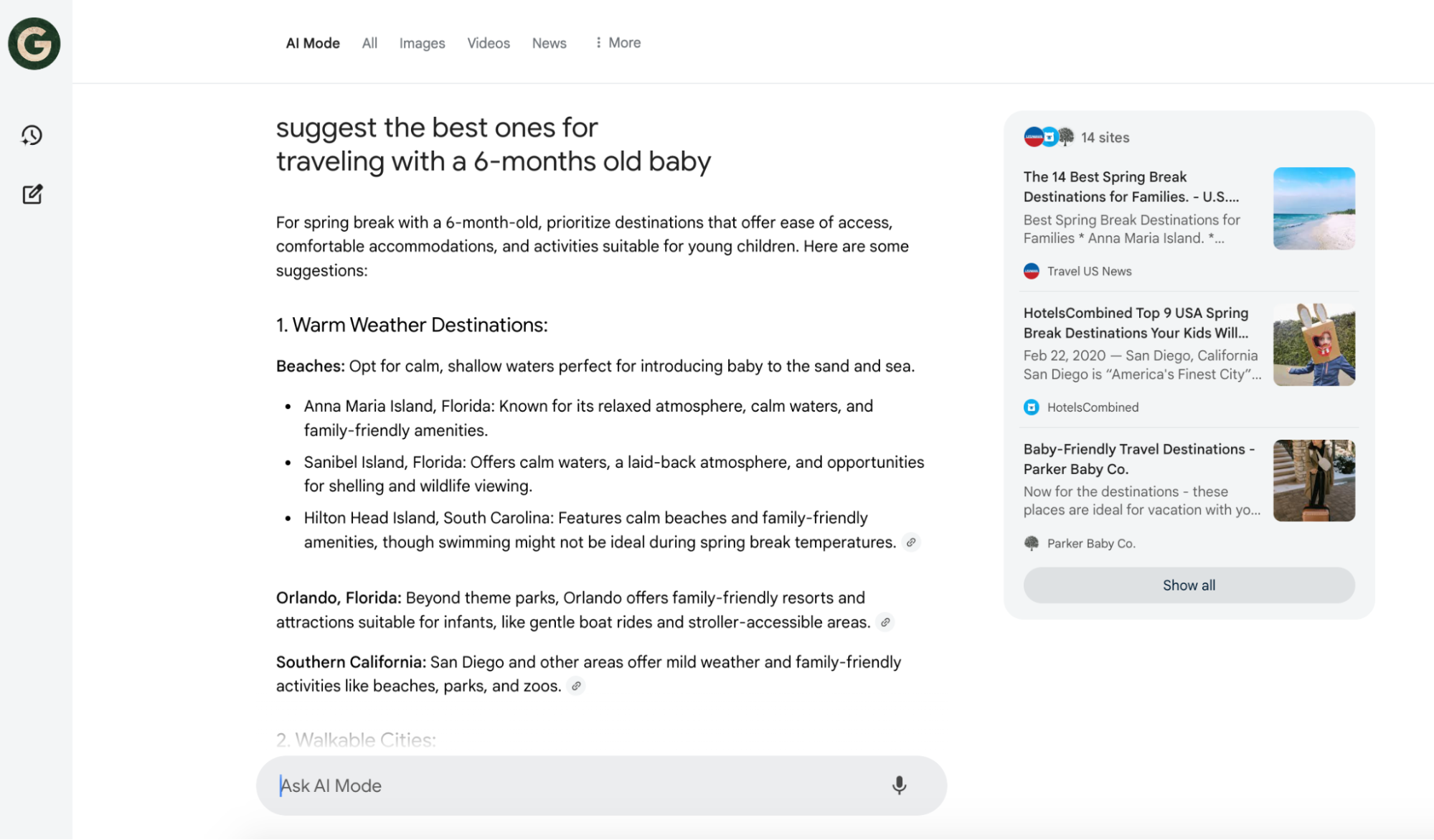 Google AI Mode results for "what will be the most popular spring break destinations this year with a 6-month-old baby."