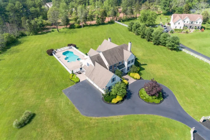 A drone-taken image of a home.