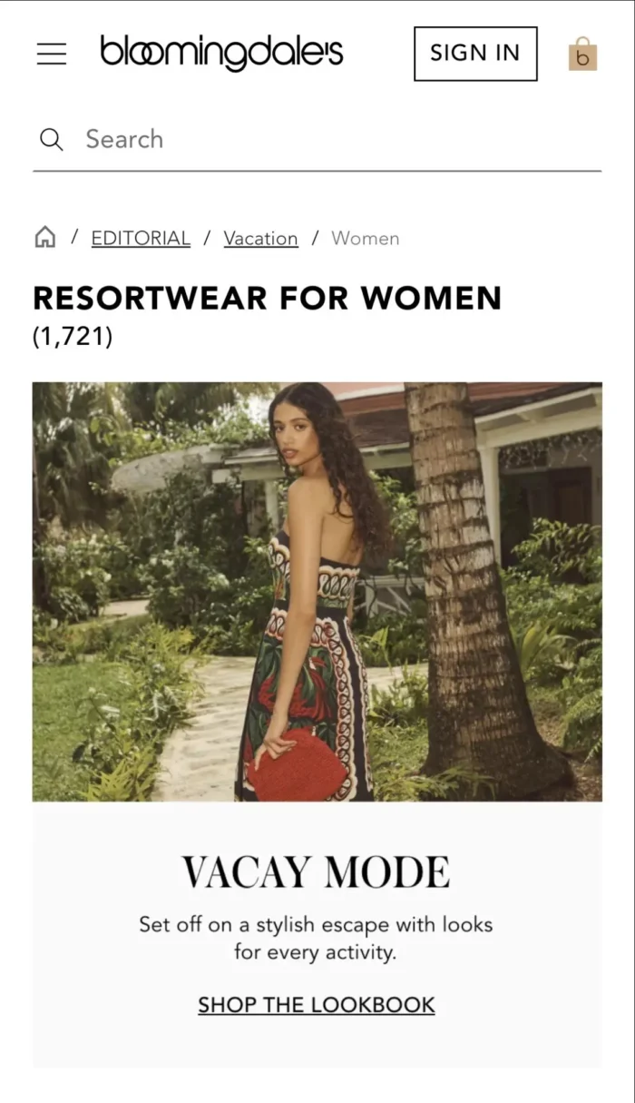 A Bloomingdales landing page from a Pinterest ad.