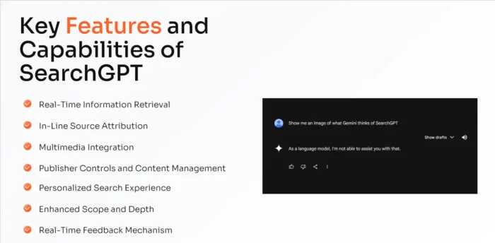 A graphic that says "Key Features of Capabilities of SearchGPT."