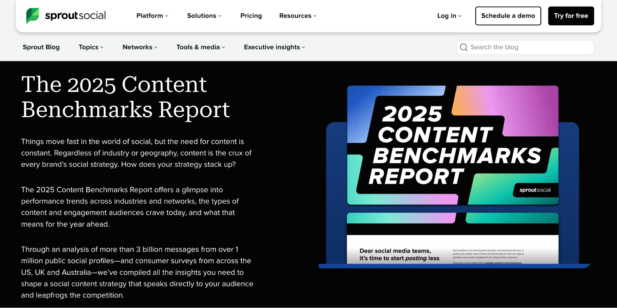 หน้า Landing Page สำหรับรายงานการเปรียบเทียบเนื้อหาปี 2025 ของ Sprout Social