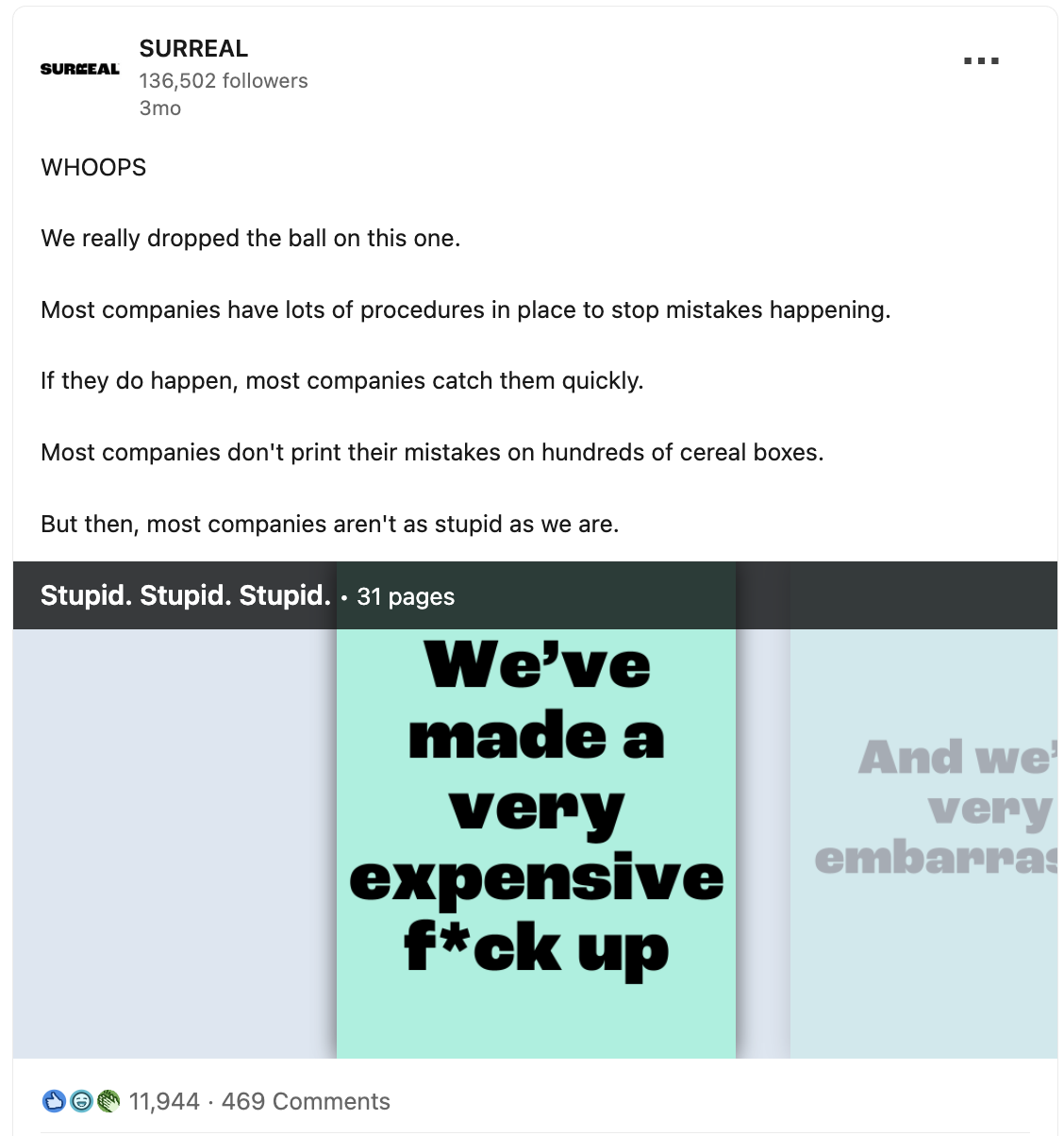 โพสต์ LinkedIn จาก SURREAL เกี่ยวกับการตลาดปลอมๆ ที่พวกเขามี