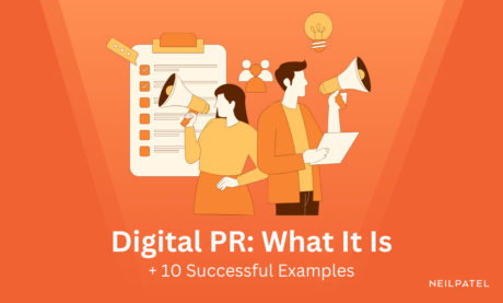 Orange illustration of two people holding megaphones with text that reads "Digital PR: What It Is + 10 Successful Examples."