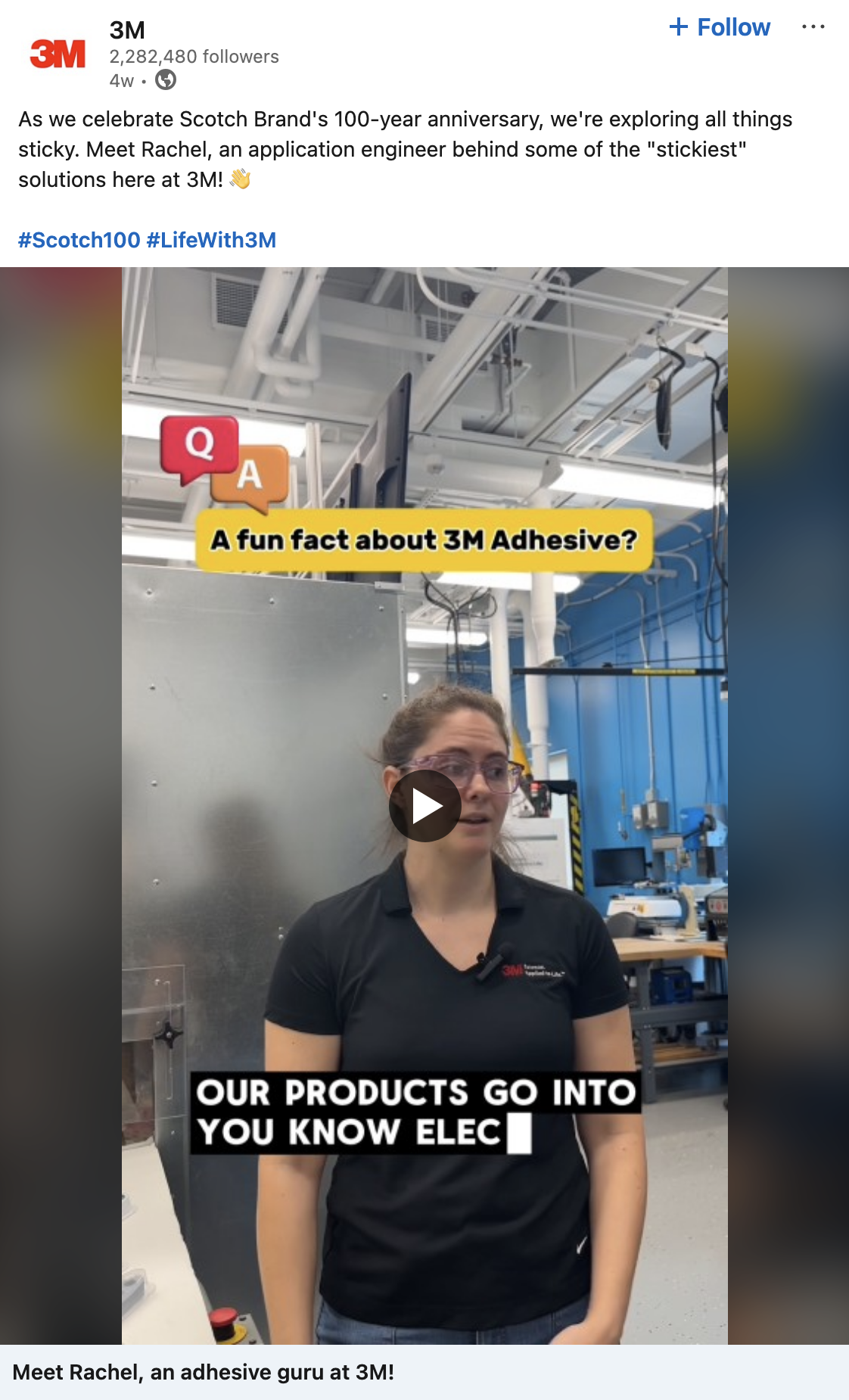 3M Post on Linkedin for their 100 year anniversary.