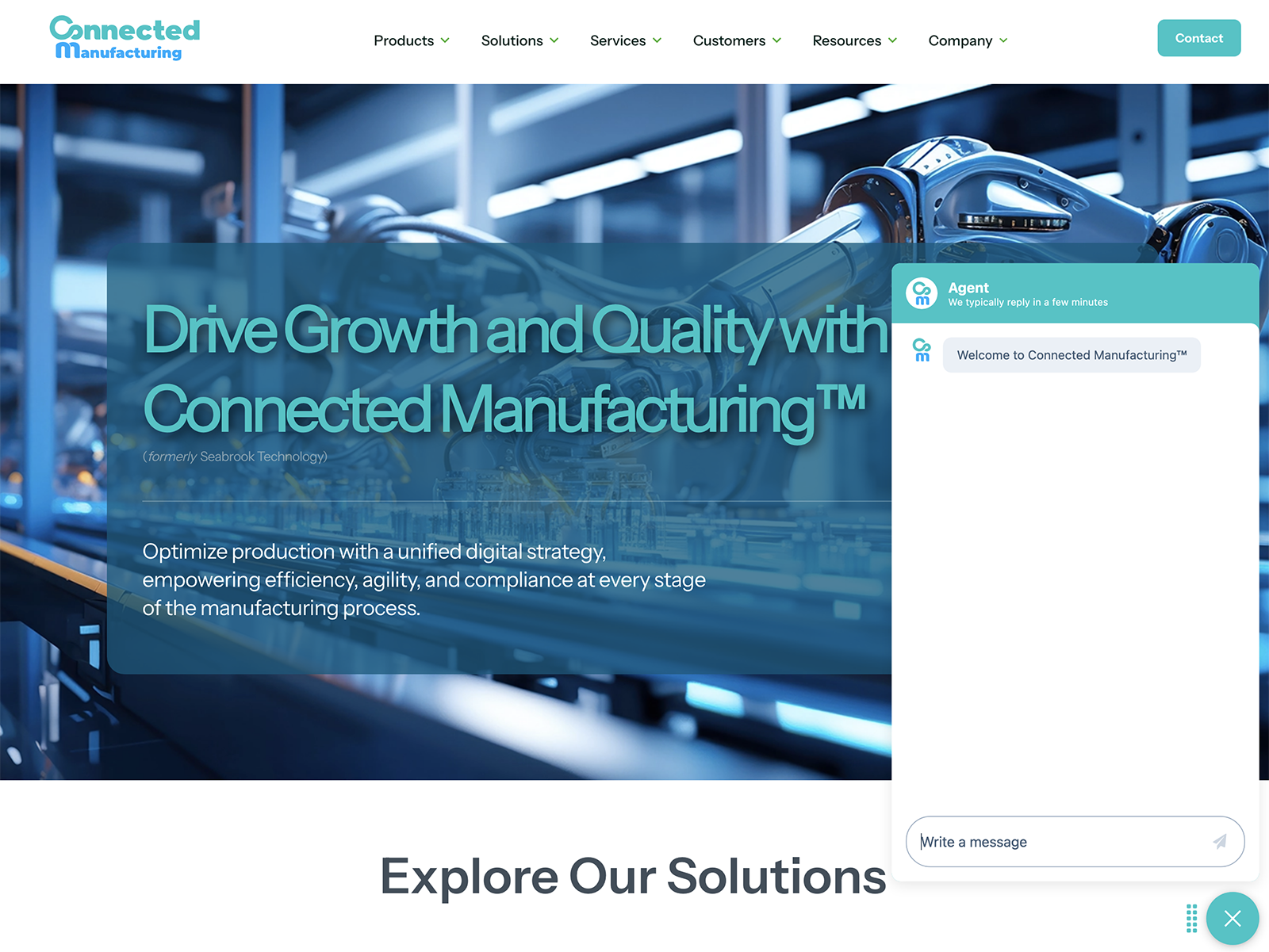 Connected Manufacturing chatbot popup.